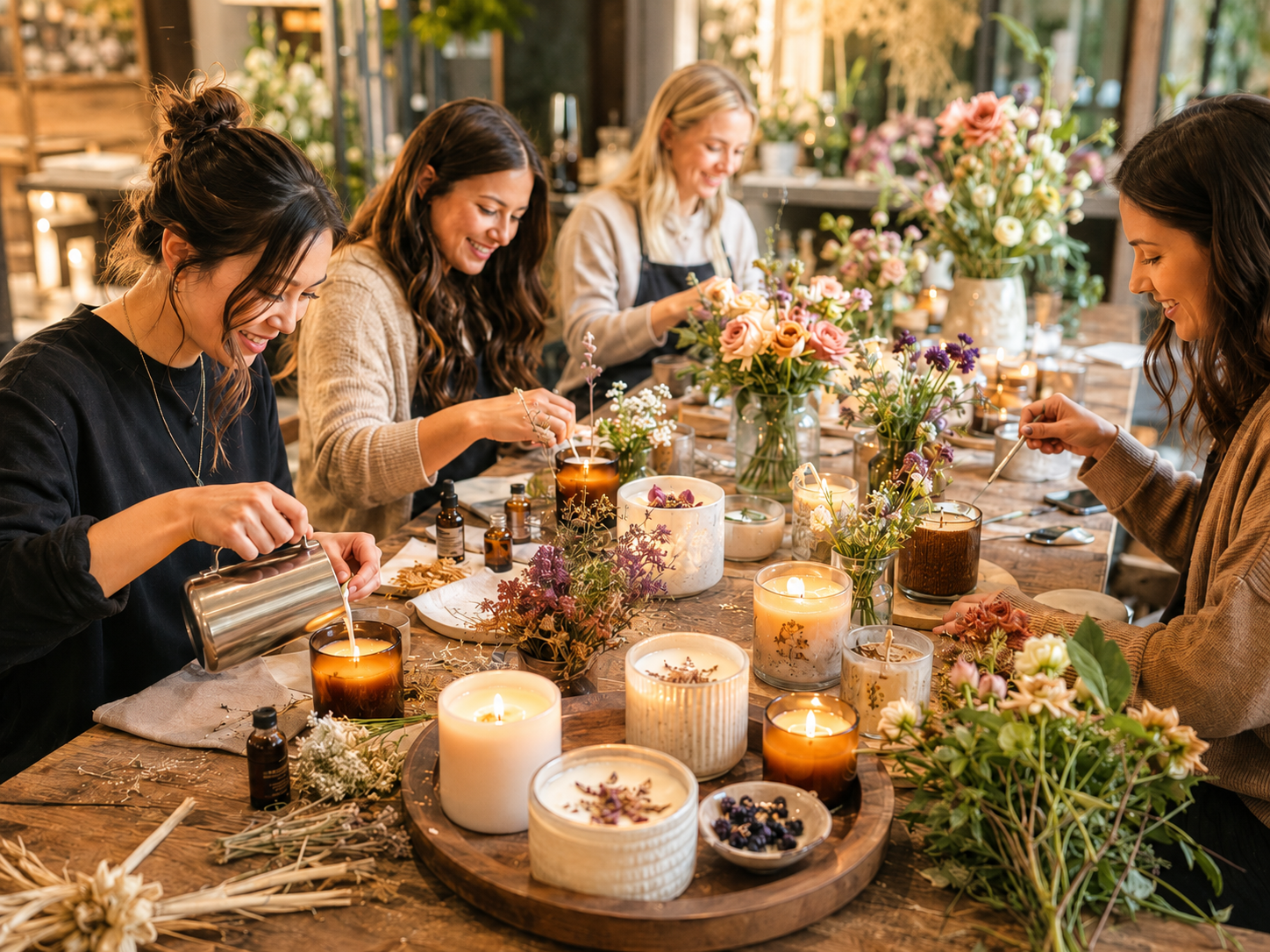 Guests creating candles and flower arrangements during a Blooms and Candles workshop at The Bloom Center in Katy TX