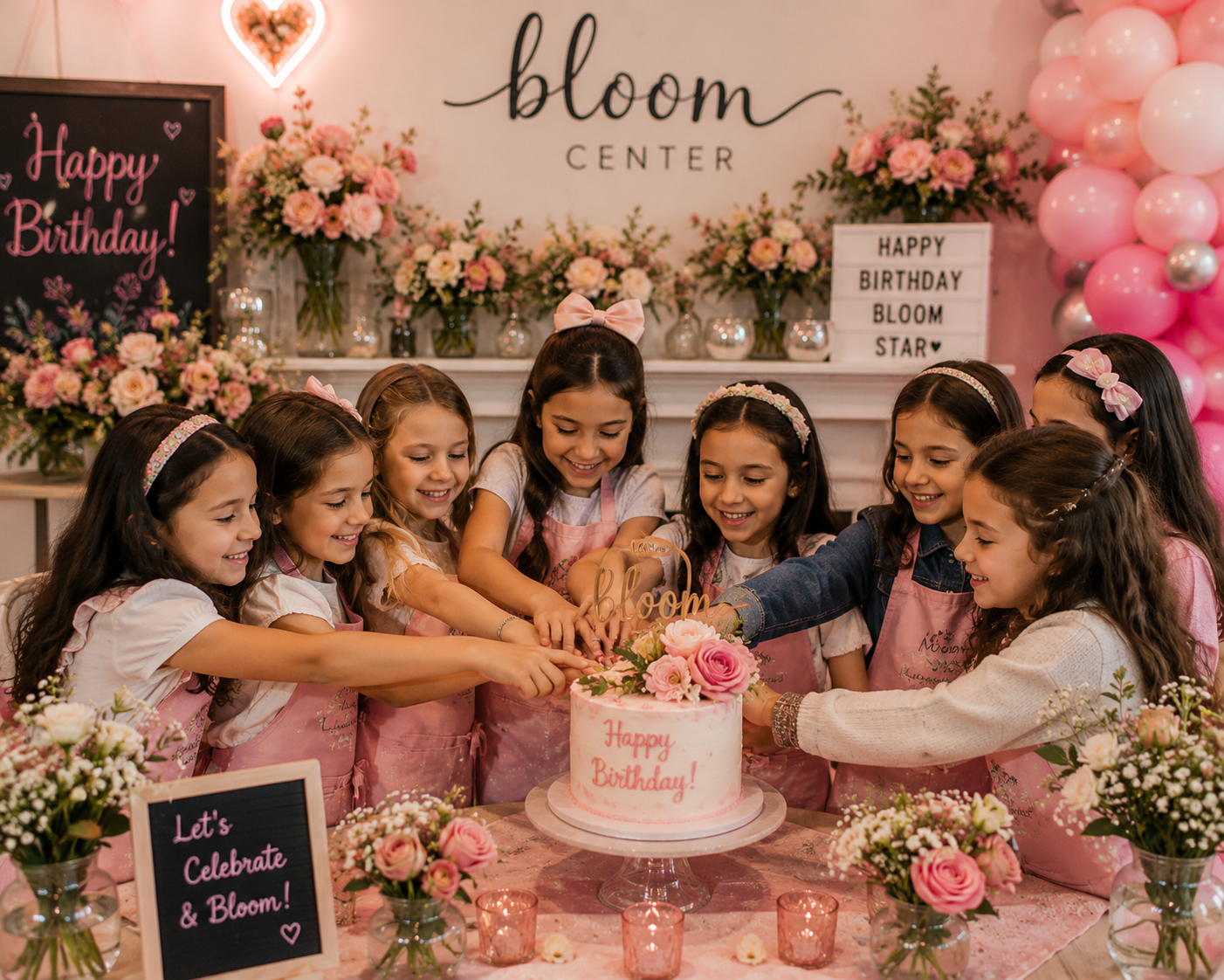 Kids celebrating with birthday cake during a flower themed party at The Bloom Center in Katy TX