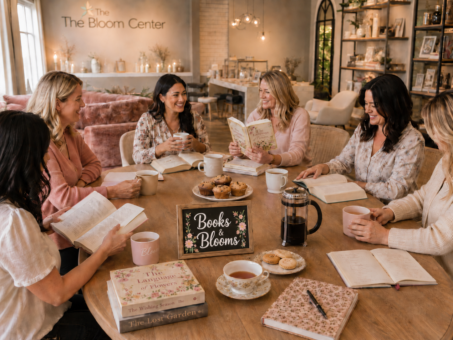 Friends enjoying a Books and Blooms book club experience at The Bloom Center in Katy TX