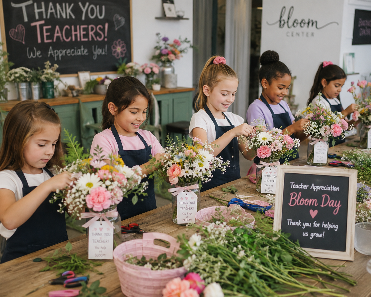 Kids creating flower arrangements during Teacher Appreciation Bloom Day at The Bloom Center in Katy TX
