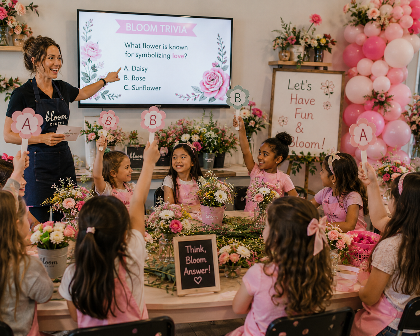 Kids playing flower trivia games during a birthday party experience at The Bloom Center in Katy TX