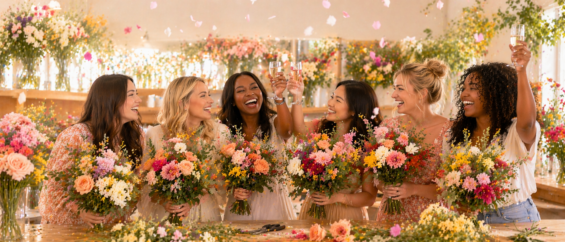 Guests celebrating a private flower party and creating bouquets at The Bloom Center event space in Katy TX