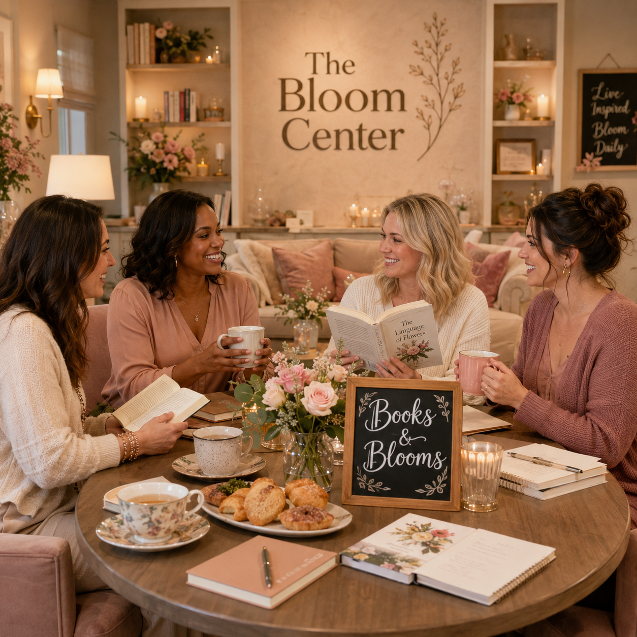 Friends enjoying a Books and Blooms experience at The Bloom Center in Katy TX with a book club gathering, refreshments, and a hands-on flower arranging workshop