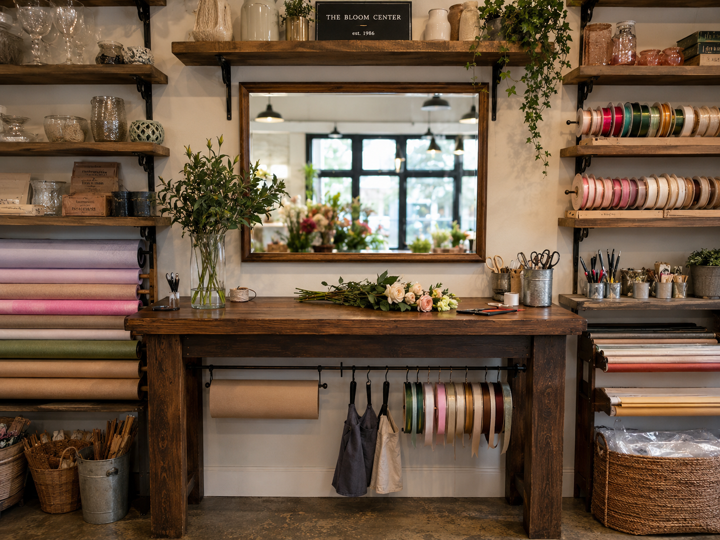 Interior of a flower shop with shelves of ribbons, vases, and floral materials, a mirror reflecting hanging lights and flowers, a wooden table with a bouquet of white and pink roses, and various tools and containers for floral arranging.