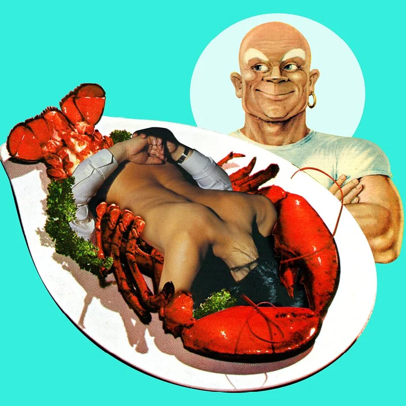 Surreal collage of human torso served on plate with lobster claws, turquoise background highlighting themes of luxury consumption, objectification, and bodily offering. Art by Joan Seed