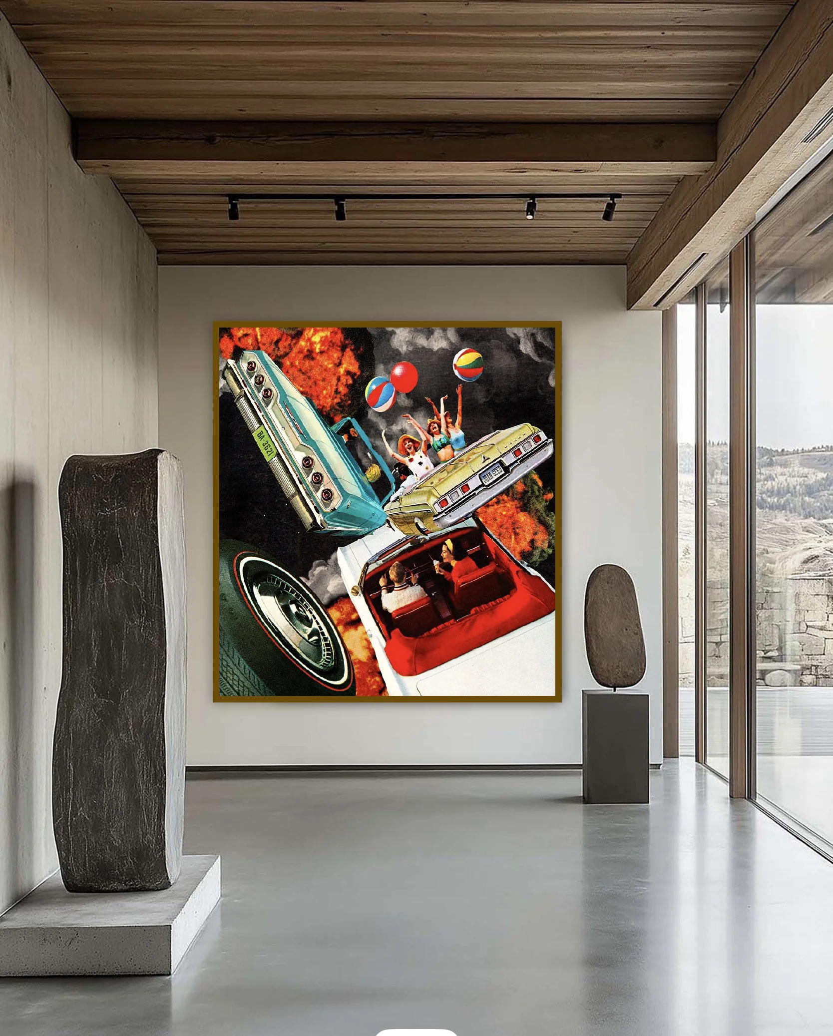 Surreal collage “Road Trip to Ruin” by Joan Seed — a provocative exploration of excess, chaos, and desire. Contemporary statement art for collectors and interior designers.