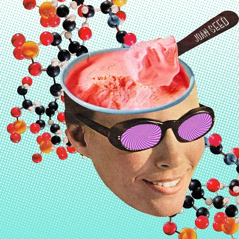 retro pop fine art by joan seed. Pop surreal collage of smiling retro head filled with pink ice cream and wearing hypnotic glasses, referencing pleasure, psychology, and artificial desire.