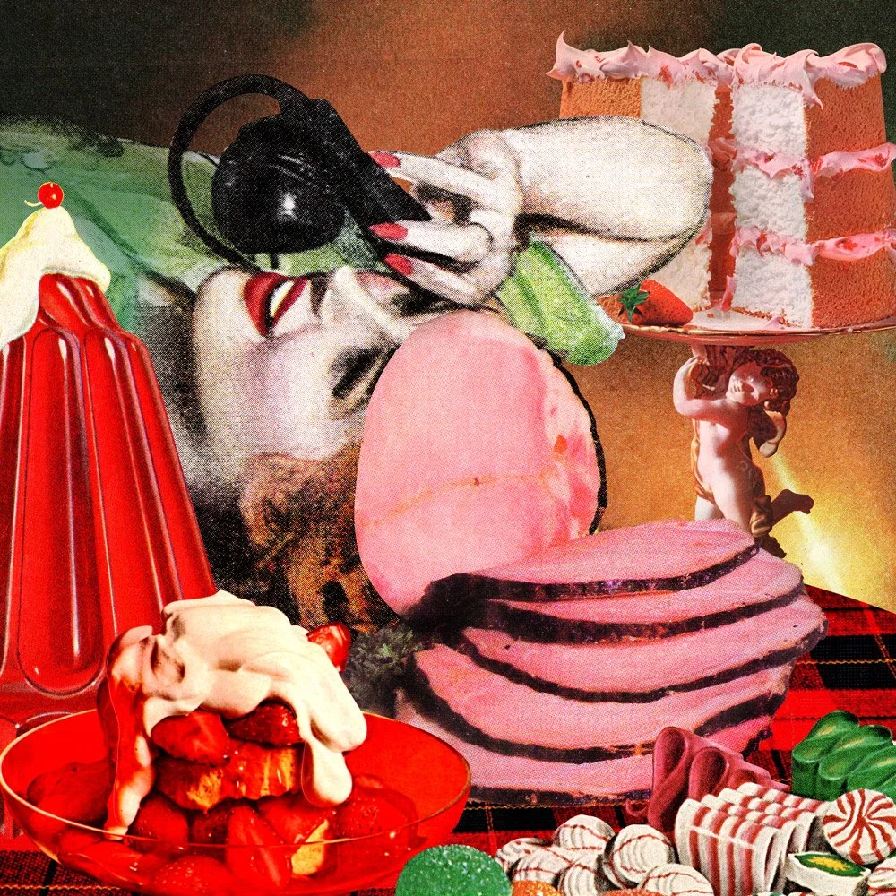 Retro surreal collage of reclining female figure surrounded by cake, jelly, and sweets, exploring indulgence, excess, and the body as edible object in pop surrealist aesthetic.