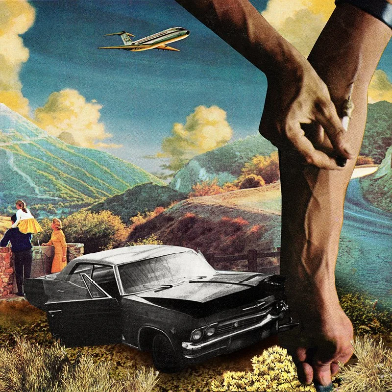Family Drama by Joan Seed is a bold retro surrealist digital collage depicting addiction, family dysfunction, and cultural nostalgia. A striking giclée print for collectors and interior designers.