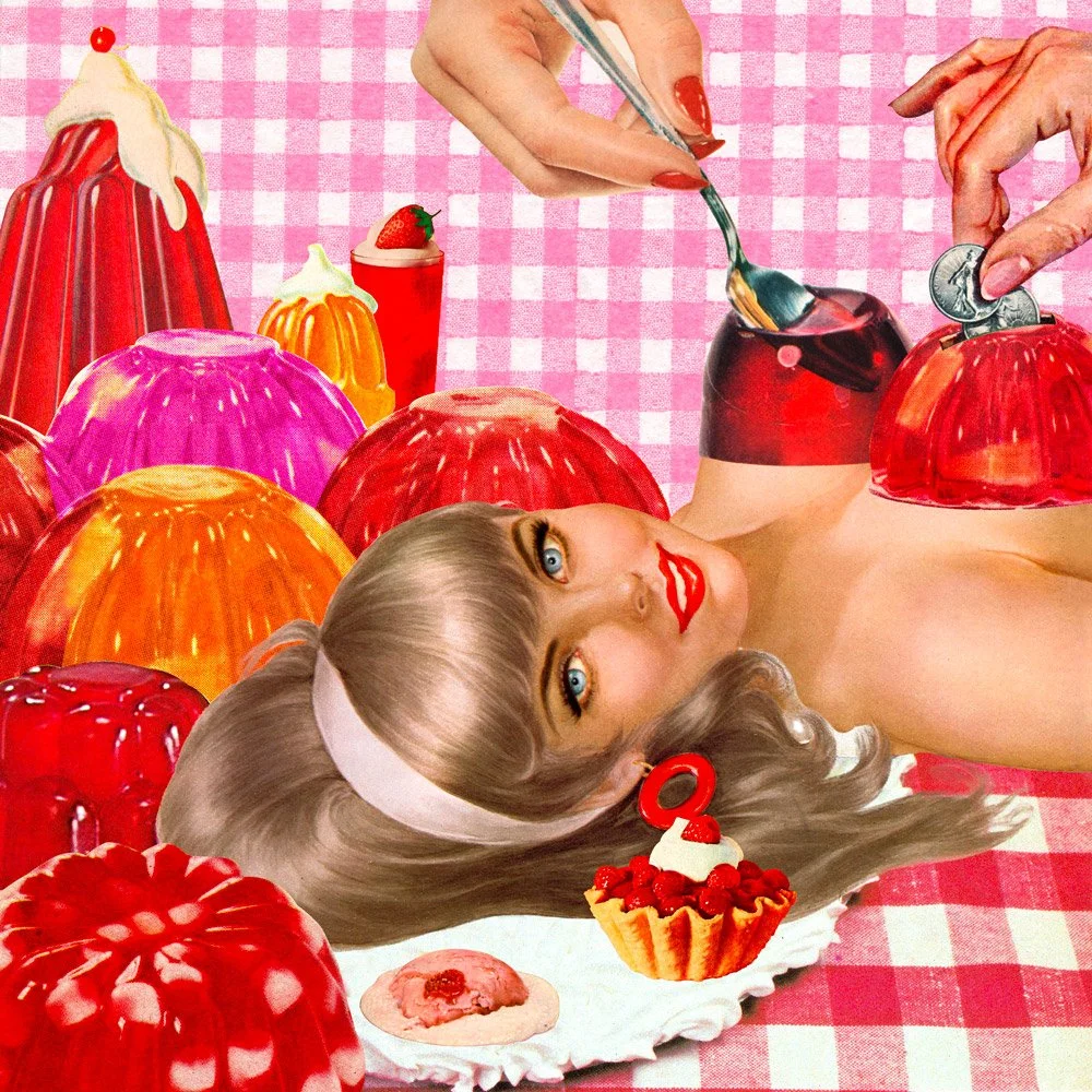 Surreal retro collage of woman surrounded by red gelatin desserts, body partially replaced with molded jelly, pink gingham background exploring themes of consumption, desire, and feminine objectification.