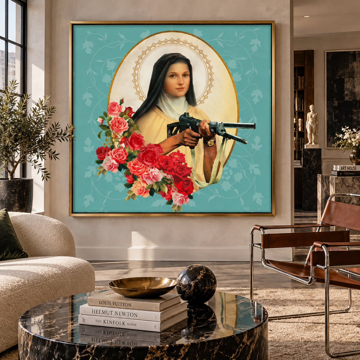 Joan Seed – Vierge semi-automatique – contemporary surreal collage – Saint Thérèse of Lisieux – religious iconography – roses – conceptual figurative art – contemporary collage art