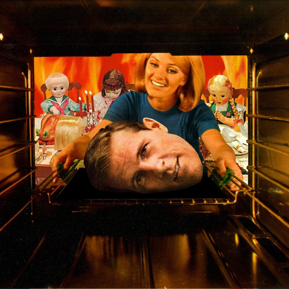 Dark surreal collage of woman placing a male head into an oven surrounded by dolls and feast imagery, referencing ritual consumption and unsettling domestic symbolism. Art by Joan Seed
