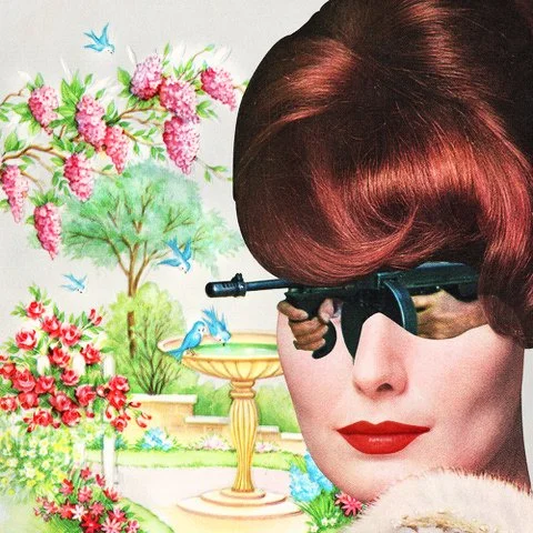 Joan Seed, Sally Sniper, surreal retro collage, satirical Americana, dark humor pop surrealism, ironic feminist collage, museum-grade giclée print, retro fine art collectors