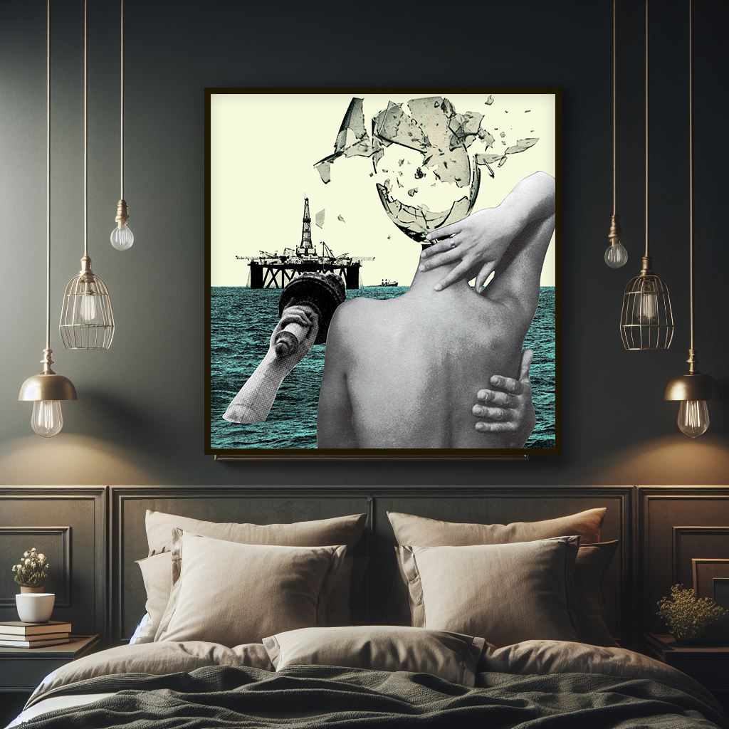 Framed Joan Seed bold environmental art artwork displayed in contemporary bedroom interior, statement wall art for interior designers..png