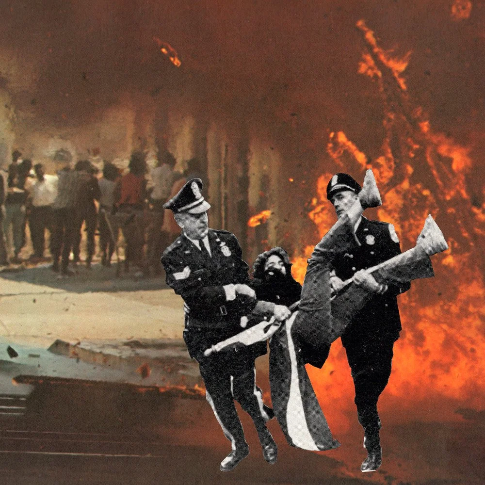 "Collage of 1960s riot police carrying protester in front of a burning street scene – surrealist pop political art by Joan Seed"