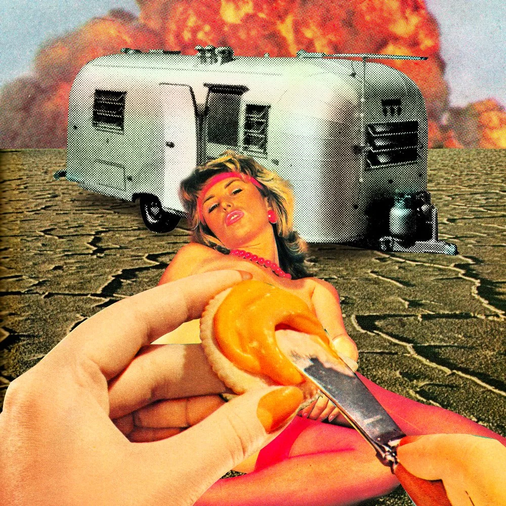 Queen of the Desert by Joan Seed – retro surreal collage artwork featuring a reclining woman, silver trailer, exploding desert backdrop, and satirical Americana motifs.