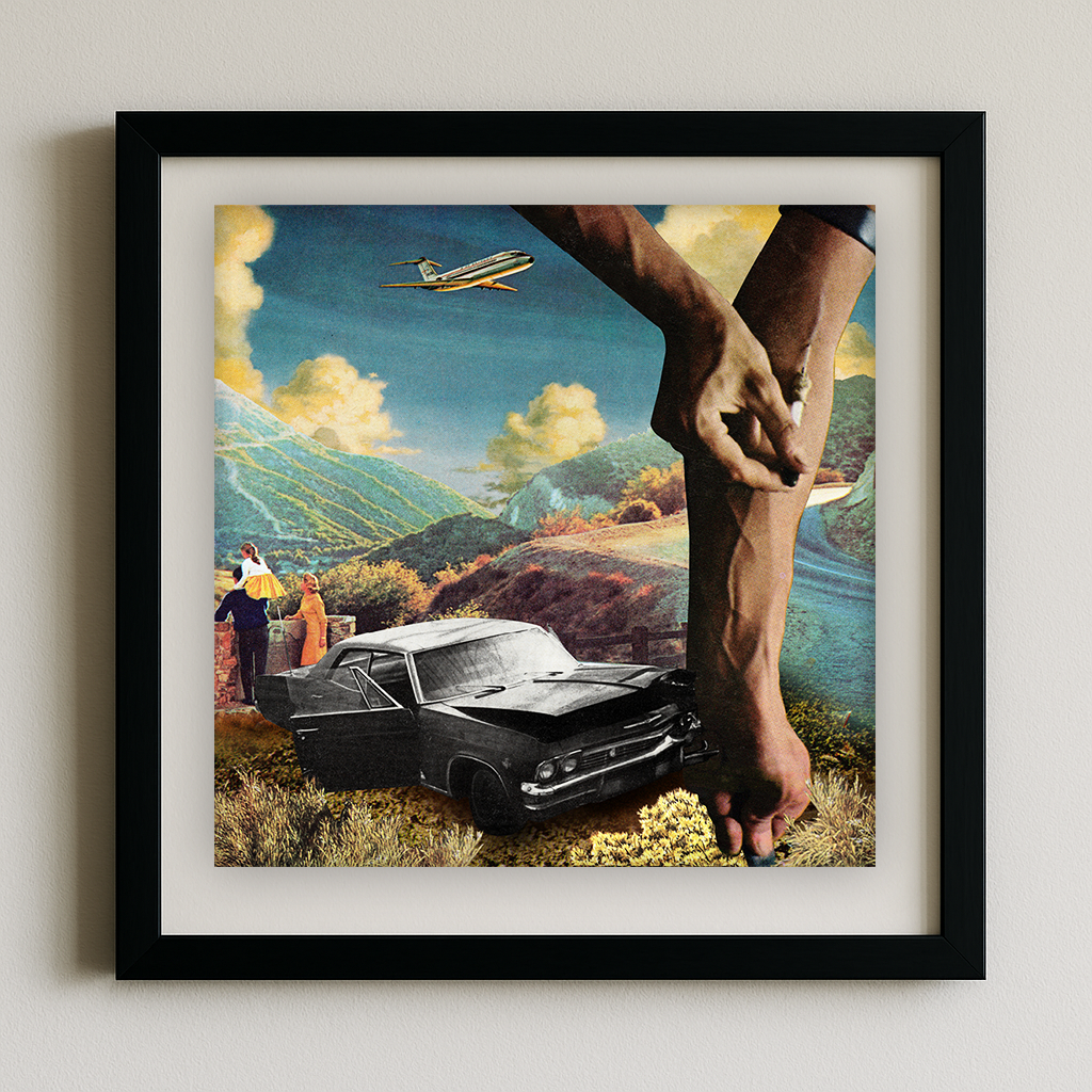 Close-up of Family Drama by Joan Seed showing hands with syringe, a retro surrealist collage highlighting addiction and cultural critique.