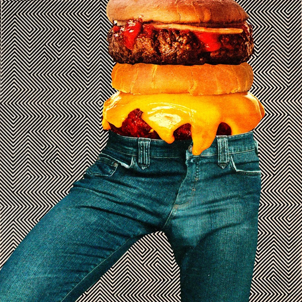 Pop surreal collage of hamburger replacing torso above denim jeans, graphic optical background emphasizing consumer culture and edible identity. Art by Joan Seed
