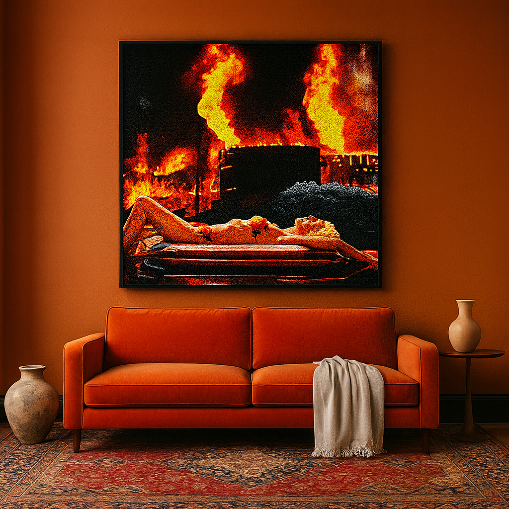 How I Behave During an Emergency by Joan Seed is a surreal collage exploring disaster, media, and social commentary through bold contemporary art. (Copy)