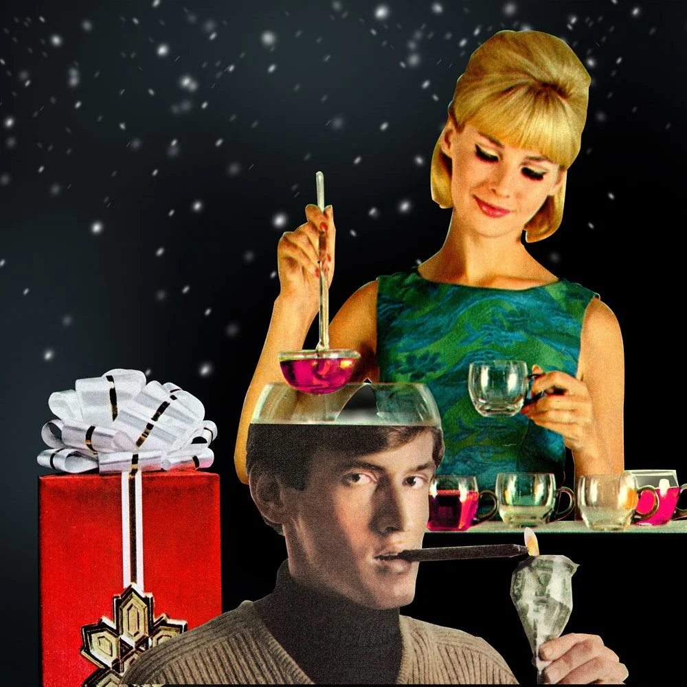 Vintage-style surreal collage of woman serving tea from a glass bowl containing a man's head, dark starry background suggesting ritual consumption, power dynamics, and psychological transformation.