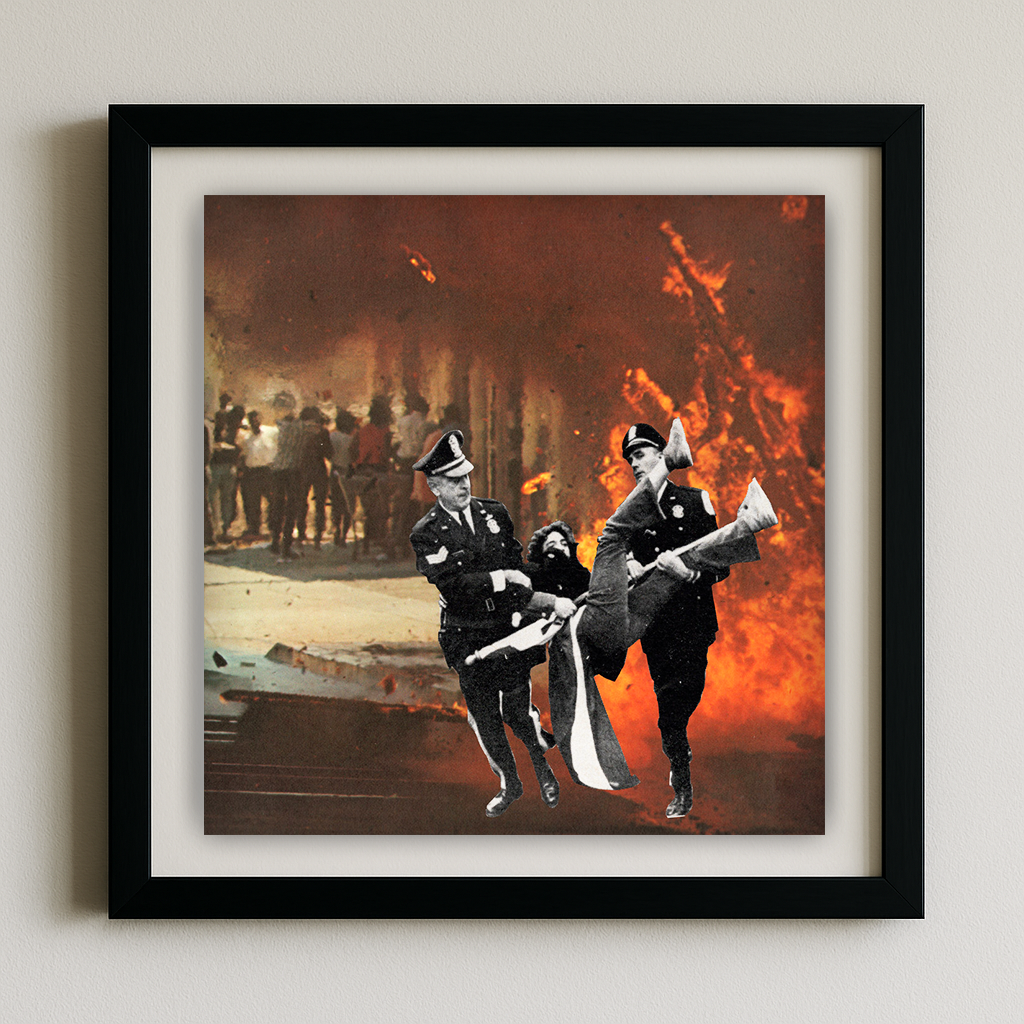 "Surreal collage detail of riot officers and flames – ‘Crash and Burn’ political pop art by Joan Seed"