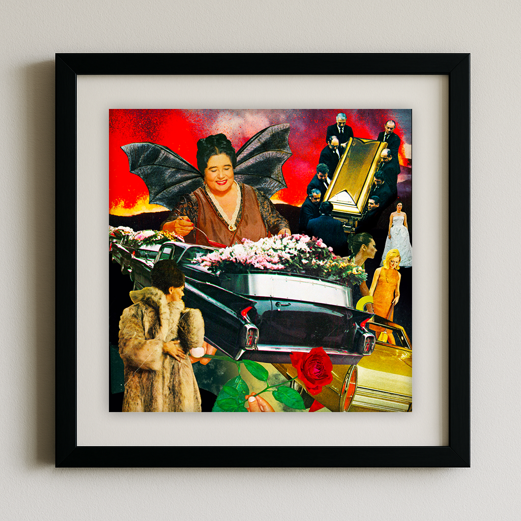 retro mob funeral with muscle cars artwork for sale - by Joan Seed