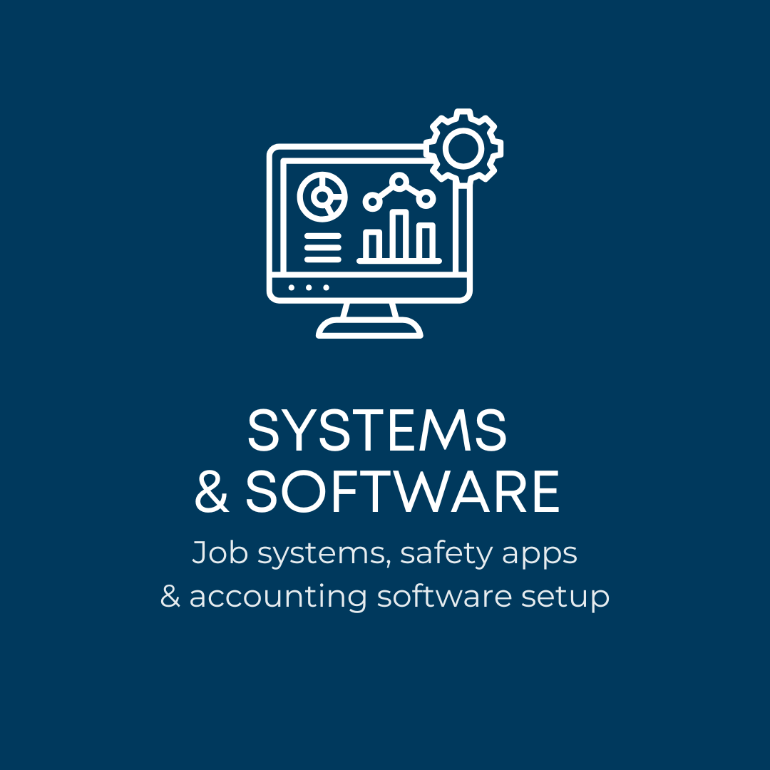 Systems and software setup including job systems, safety apps and accounting software setup