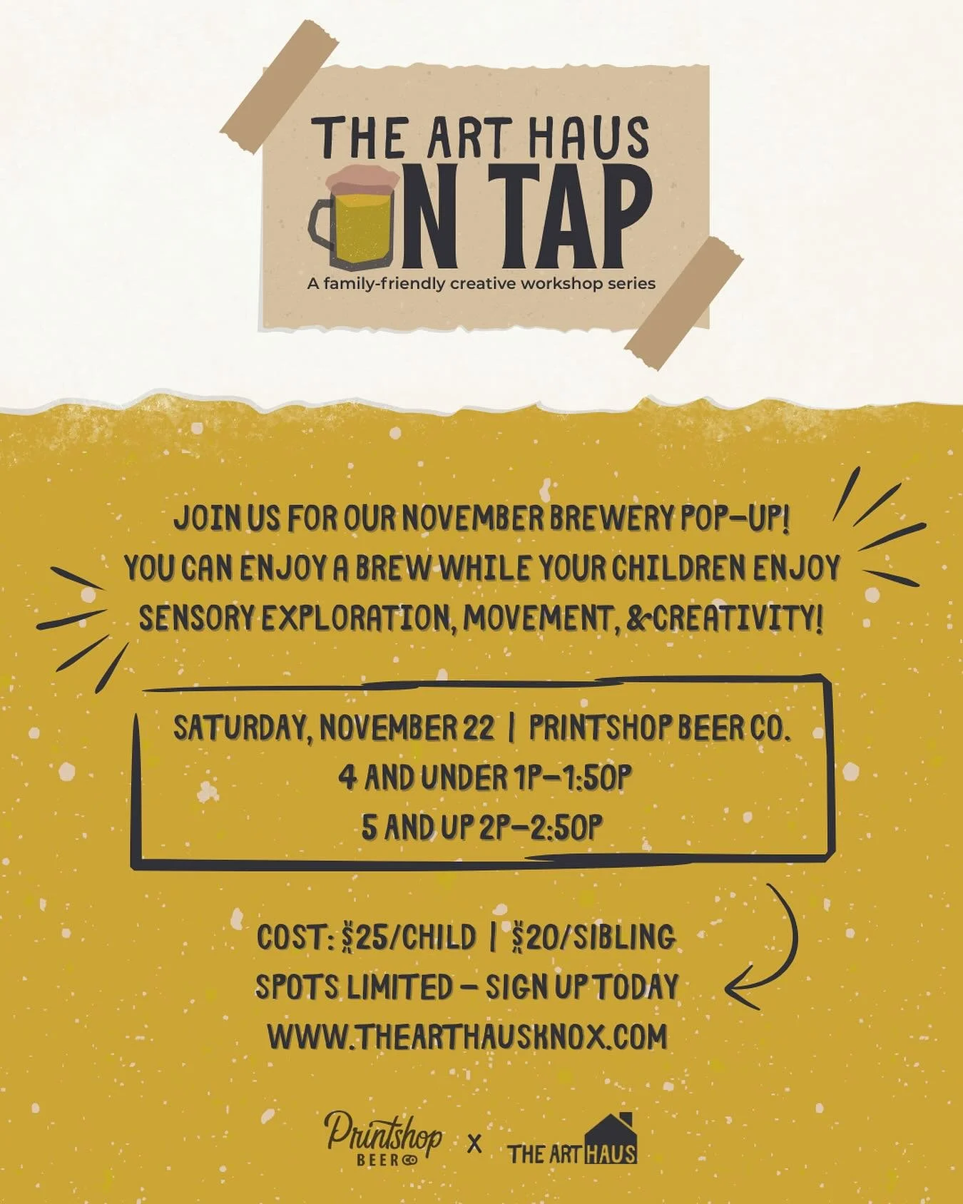 The Art Haus On Tap is here! 🍻🎨
We&rsquo;re kicking off our new monthly family-friendly pop-up series at Printshop Beer Co. this November!

While parents sip and unwind, young artists dive into open-ended, sensory-rich activities full of movement, 