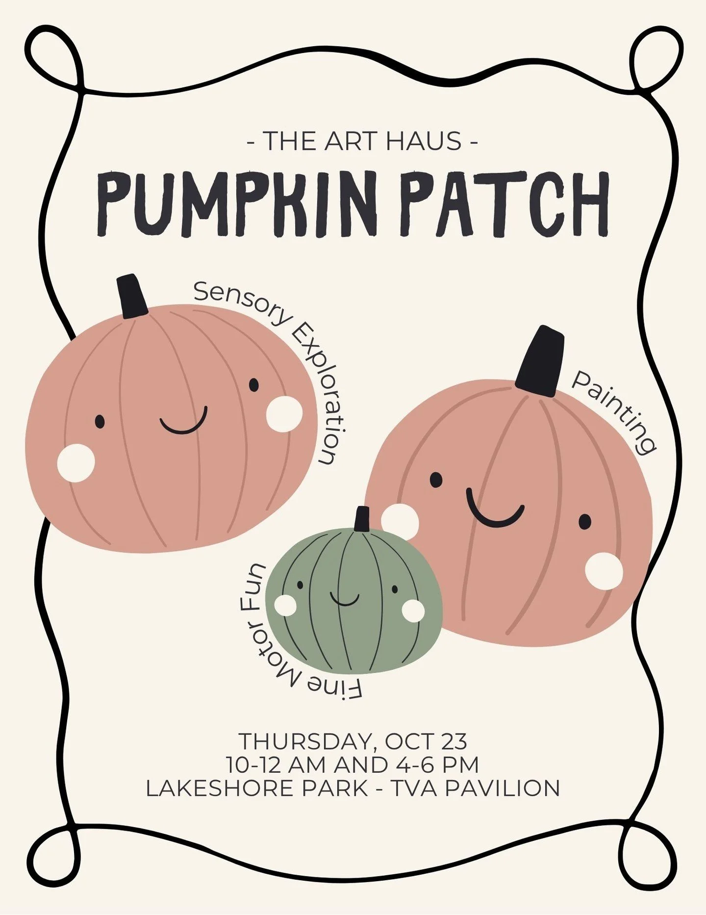The Art Haus Pumpkin Patch is popping up this Thursday, Oct 23 at Lakeshore Park &ndash; TVA Pavilion! 🎃

We&rsquo;ll scoop, paint, splatter, and create our way through a patch full of sensory fun - from pumpkin guts to collaborative art and more. ?