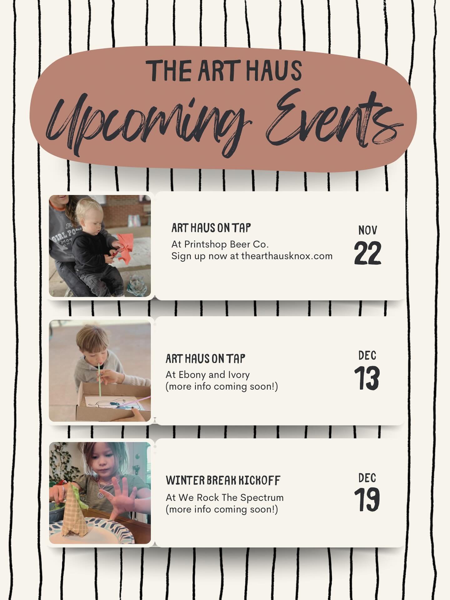 🎨 Upcoming Events with The Art Haus!

✨ Art Haus on Tap at Printshop Beer Co
🗓️ Saturday, November 22
Sign up now at thearthausknox.com

🍻 Art Haus on Tap at Ebony &amp; Ivory Brewing
🗓️ Saturday, December 13
More details coming soon!

🎄Winter B