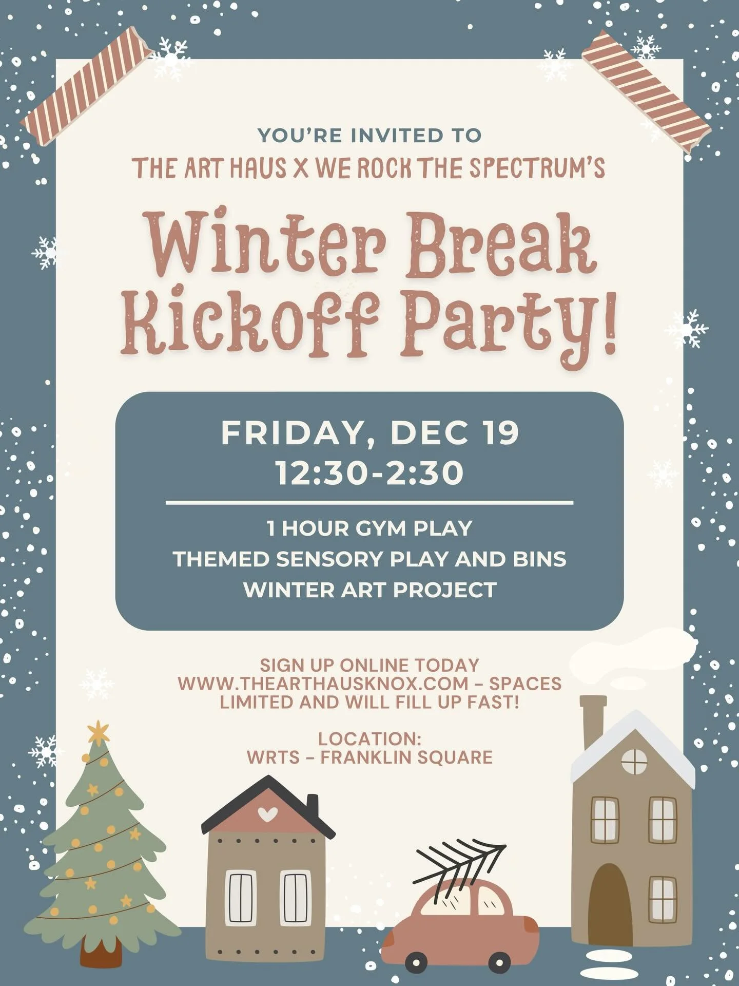 The Art Haus and We Rock the Spectrum Knoxville are teaming up for a special Winter Break Kickoff Event. Join us Friday, Dec 19 after Knox County Schools half day for a fun and meaningful afternoon of sensory play and process based art.

We will offe