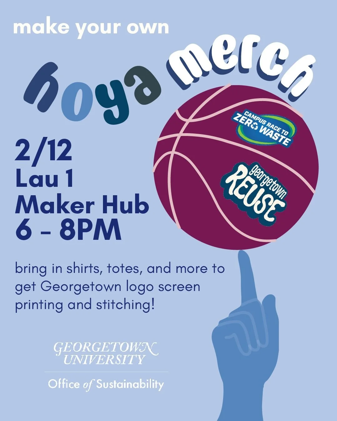 Looking for more Hoya merch? Scouting outfits for Georgetown Day?

Make your own at our Open Stitch Session on 2/12 or shop our rack at the 2/14 basketball game against Providence!