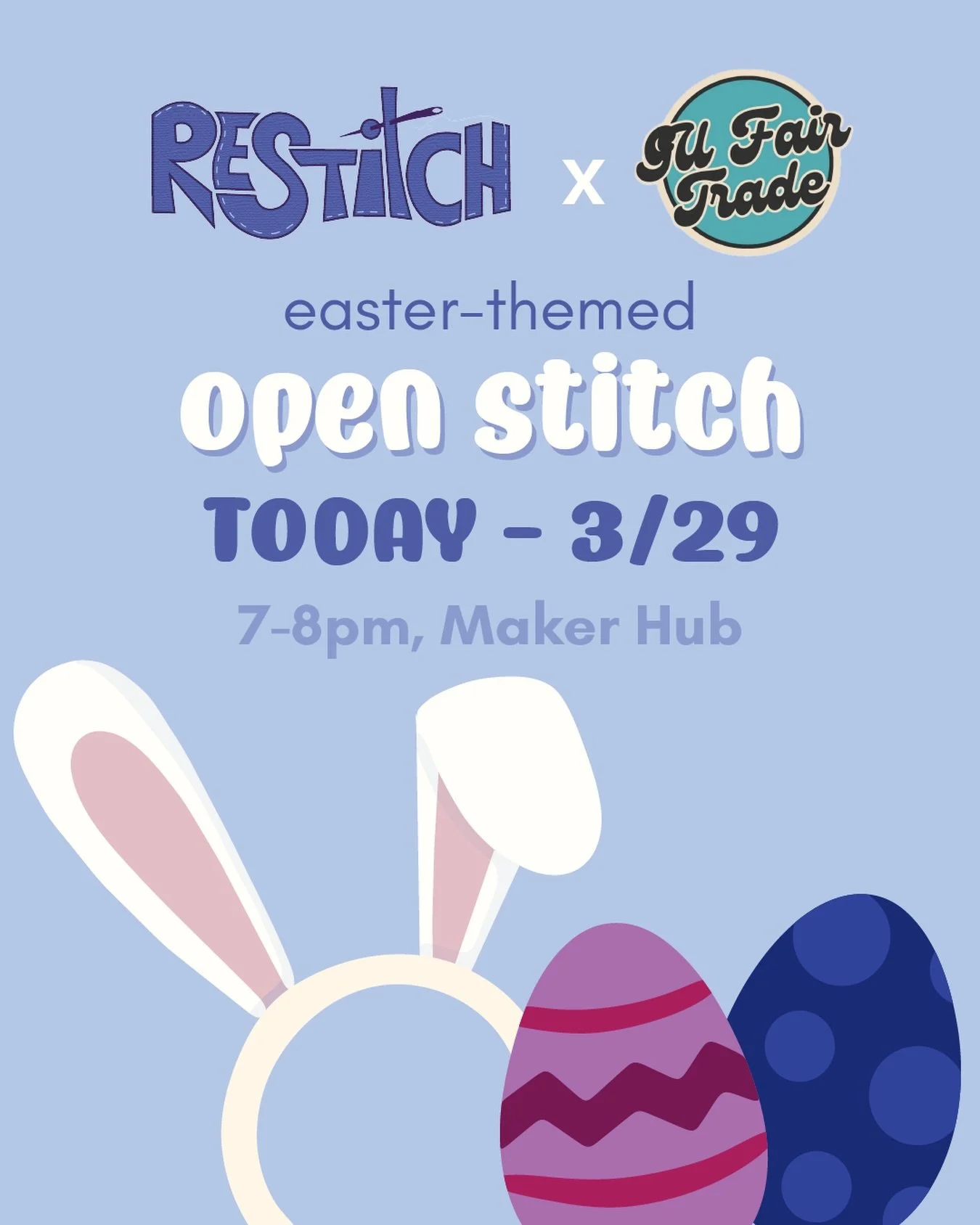 Join us for Open Stitch today at 7pm in the Maker Hub! We will be collaborating with Fair Trade and making bunny plushies out of scrap fabric! 🧵