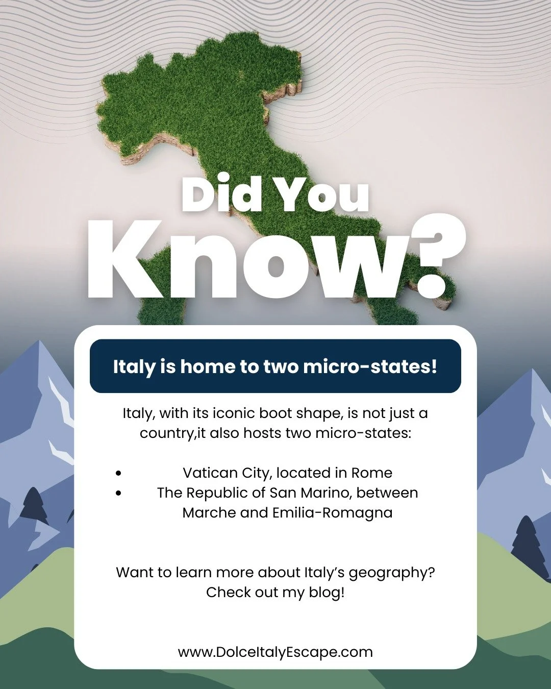 Italy isn&rsquo;t just one destination, it&rsquo;s a mosaic of landscapes, cultures, and traditions!

From the Alps and great plains of Northern Italy, to the rolling hills and art cities of Central Italy, all the way to the volcanoes and Mediterrane