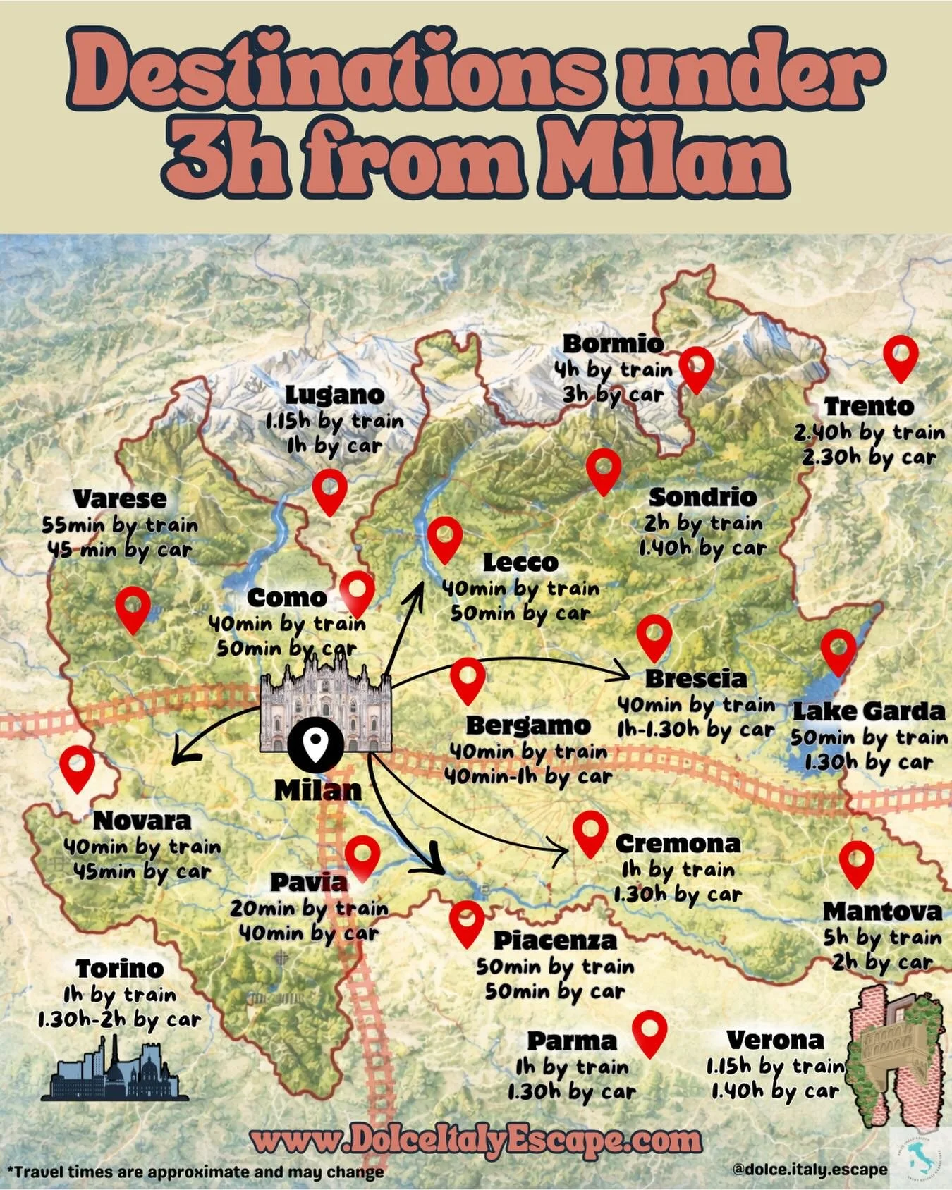 Discover the best destinations under 3 hours from Milan 🚆

From charming lakes to historic cities and hidden gems, Northern Italy offers endless possibilities for unforgettable day trips or weekend escapes.

Whether you want to stroll along the roma
