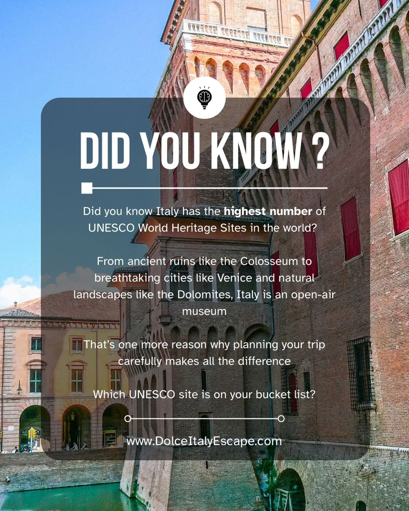 Italy isn&rsquo;t just a destination&hellip; it&rsquo;s an open-air museum 🇮🇹

Did you know Italy has the highest number of UNESCO World Heritage Sites in the world? From iconic landmarks like the Colosseum to romantic canals in Venice and the brea