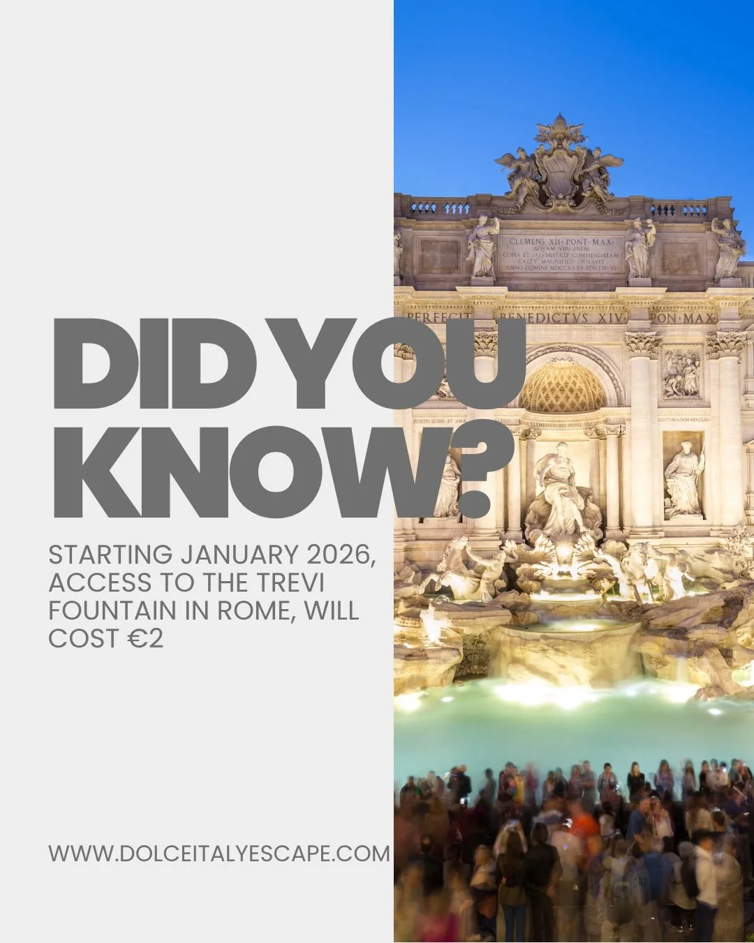 🇮🇹✨ Did you know? Starting January 2026, access to the area right in front of the famous Fontana di Trevi will cost &euro;2. 🇮🇹✨

This new measure has been introduced to help preserve and maintain one of Rome&rsquo;s most iconic masterpieces, wit