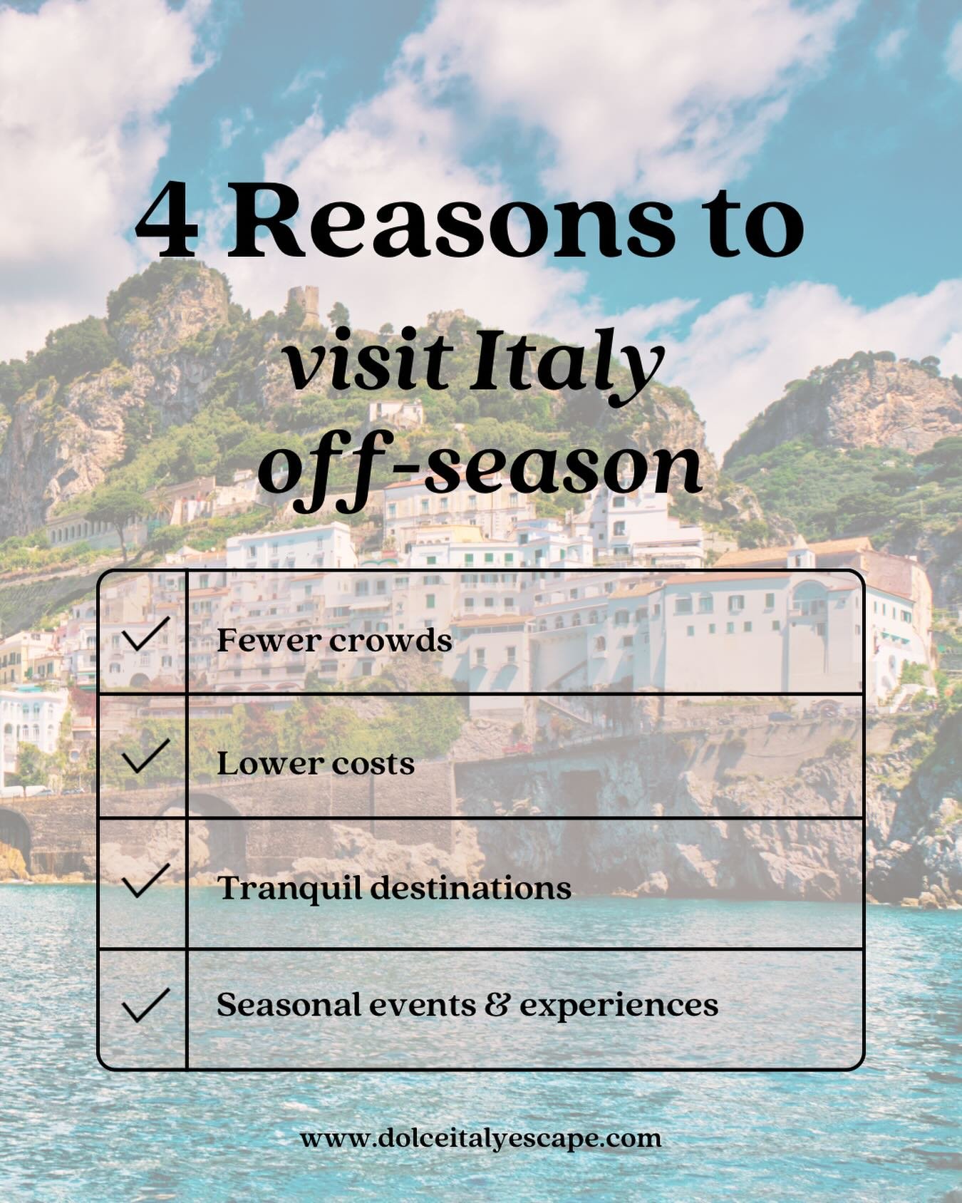 As someone who travels often from America to Italy, I always try to choose the smartest times to visit; not only to save money, but also to truly enjoy the experience without huge crowds, long lines, and overpriced flights or hotels. 🇮🇹🛫

Visiting