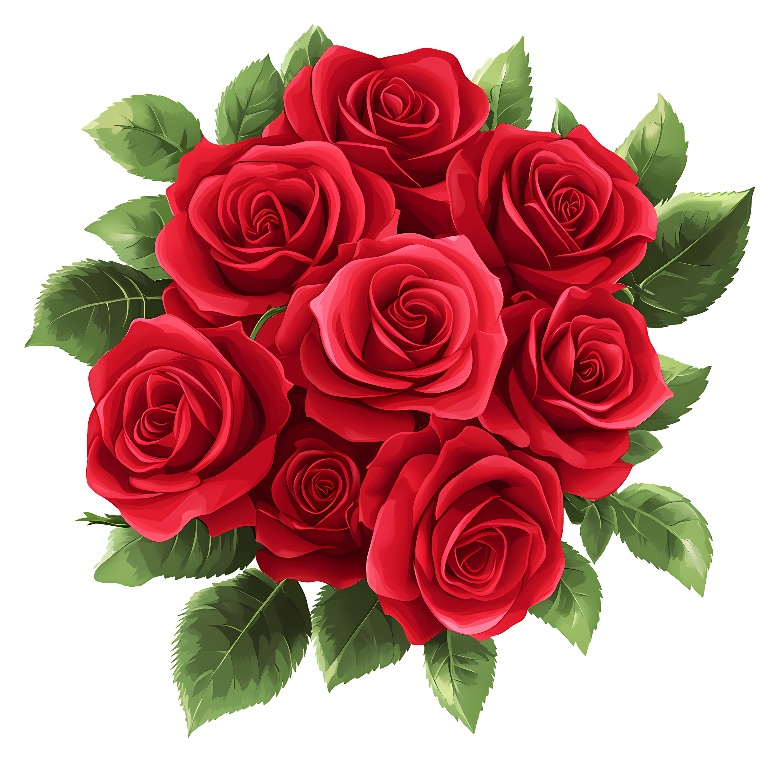 A bouquet of red roses with green leaves.
