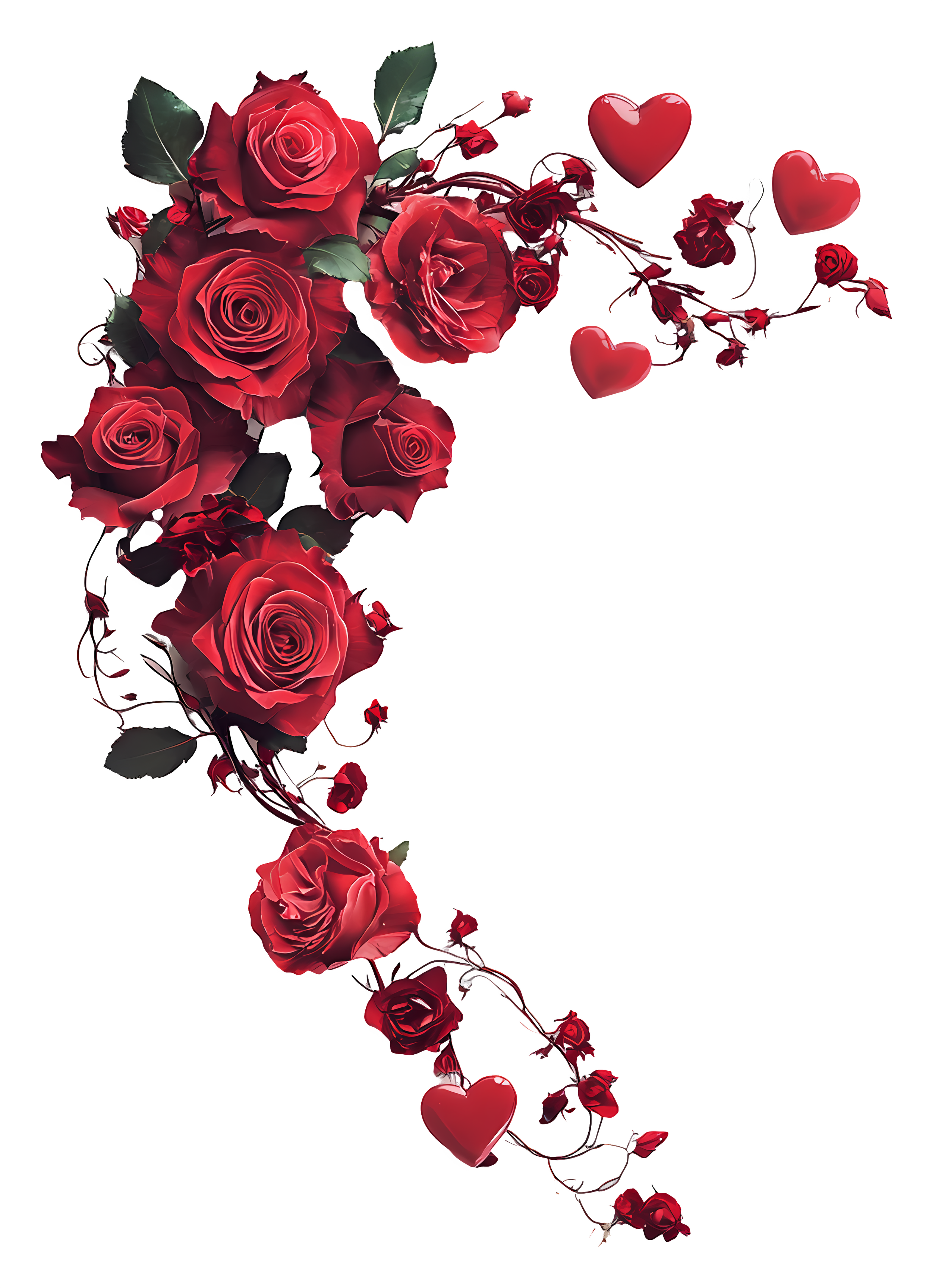 A vertical arrangement of red roses, small hearts, and a few small roses on a black background.