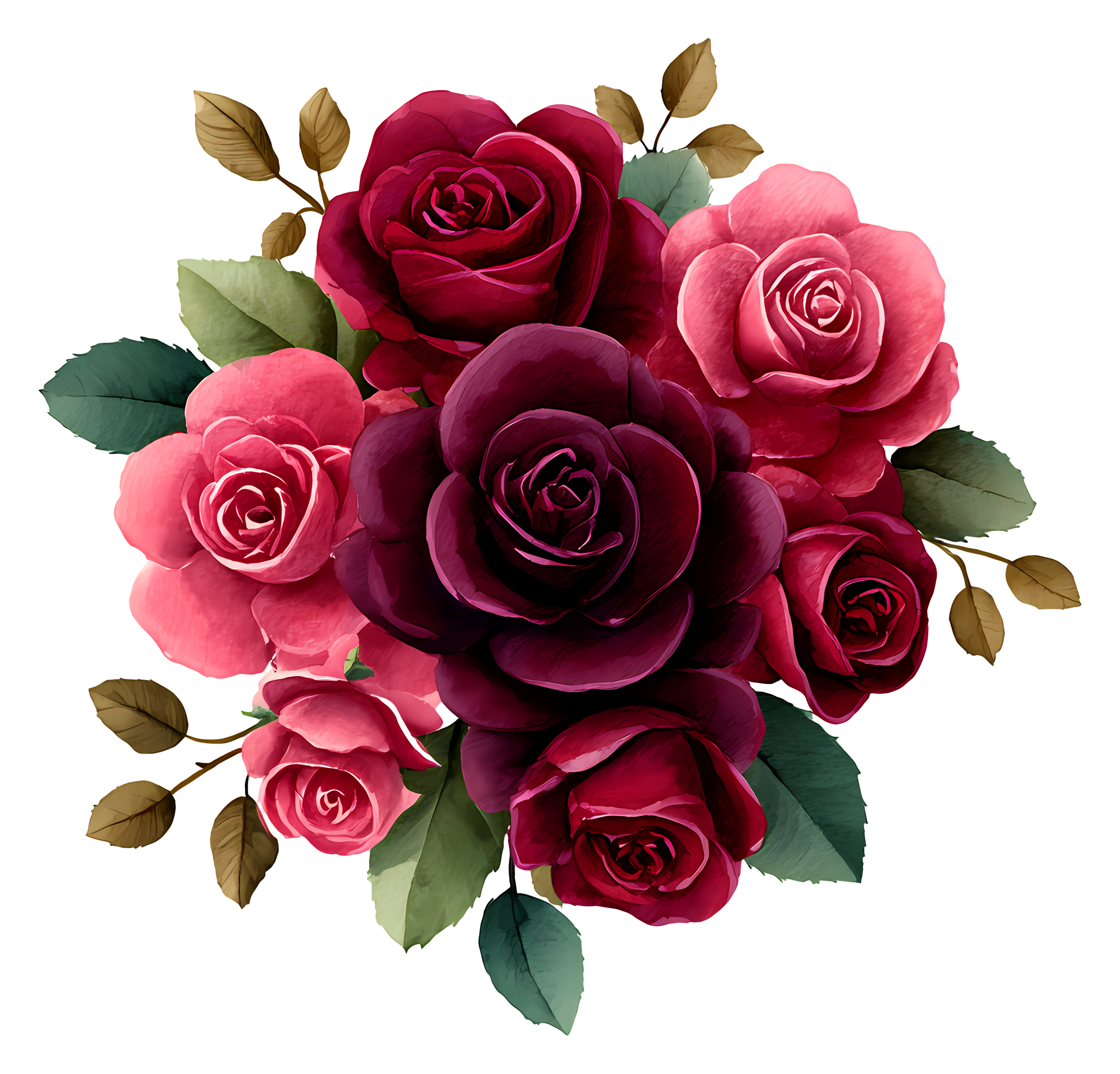 A bouquet of red, pink, and dark purple roses with green and brown leaves.
