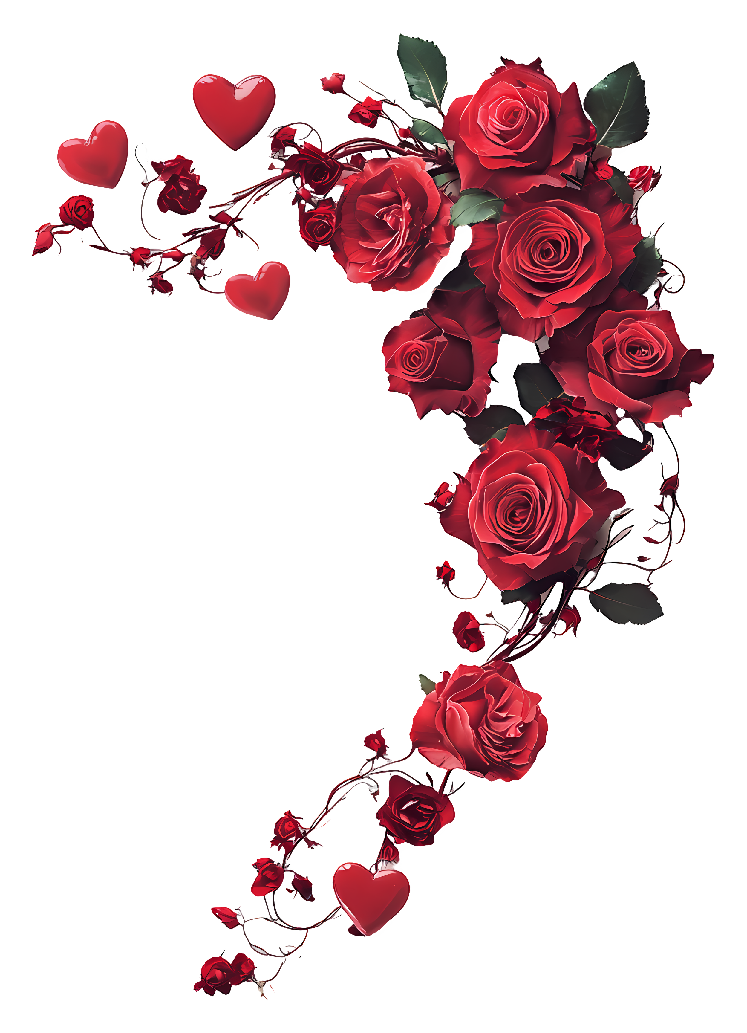 A heart-shaped arrangement of red roses with green leaves and small red heart decorations.