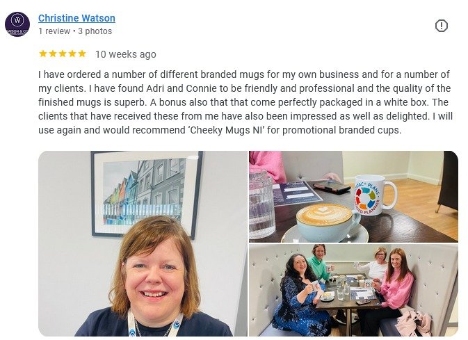 A collage of three images featuring Kristin Watson's review of her branded mug order. The first image is a close-up of Kristin smiling in front of a framed artwork. The second image shows a white mug with a colorful logo next to a latte on a table. The third image depicts four women sitting at a table with various items, smiling and enjoying their drinks in a cozy cafe setting.