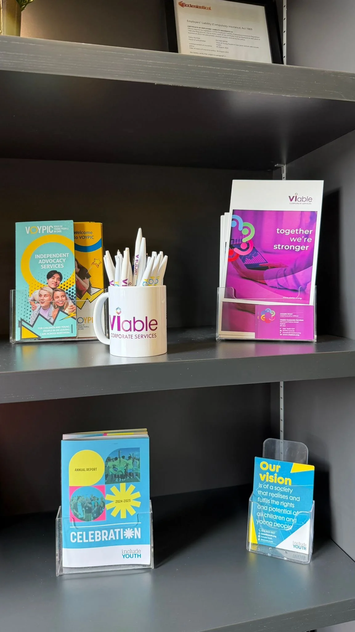 Shelf with brochures and pens for Viable Corporate Services, including advocacy, community programs, and youth inclusion.