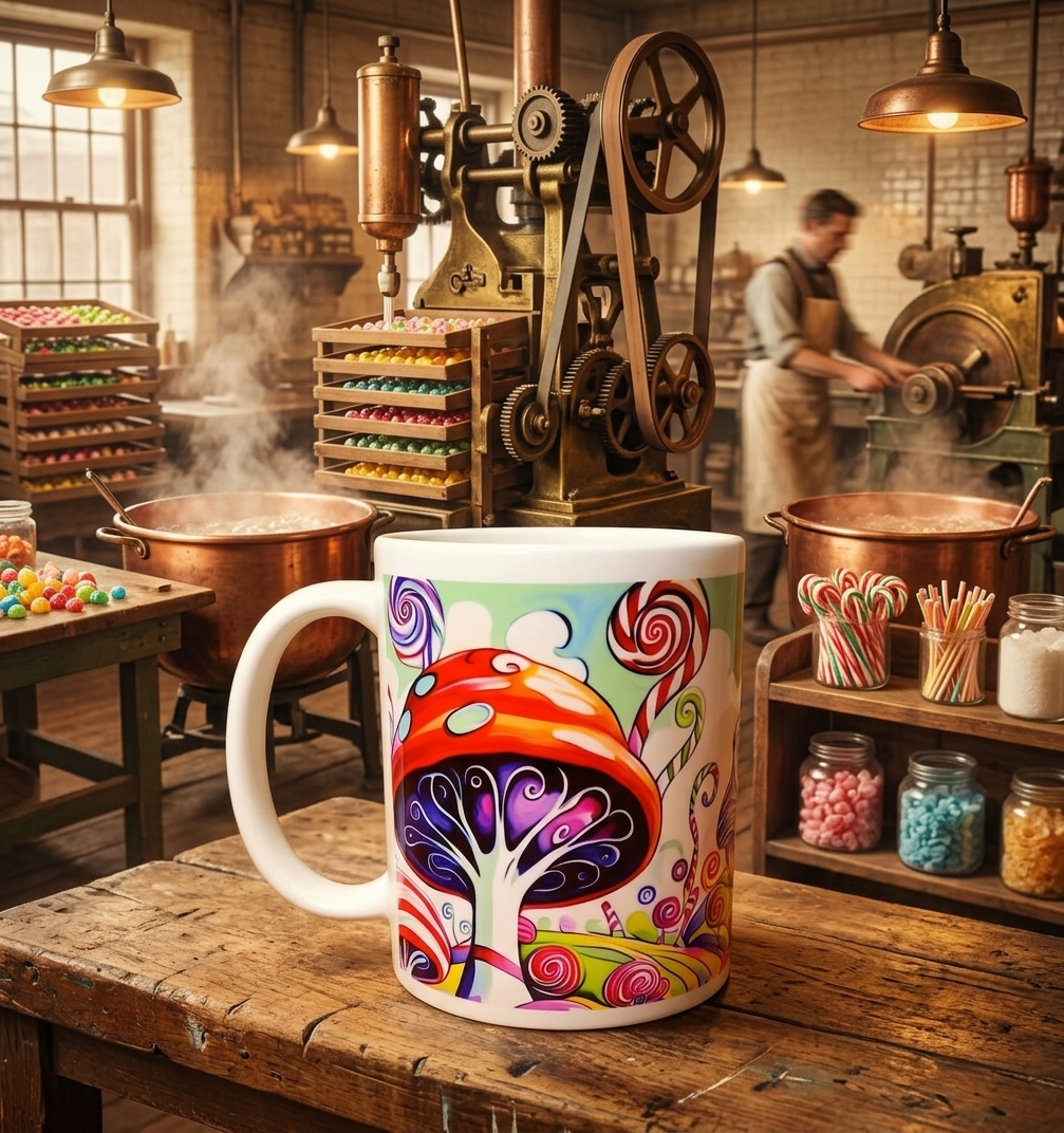 Whimsical Candy Wonderland & Psychedelic Mushroom Full-Wrap|11oz Ceramic Coffee Mug