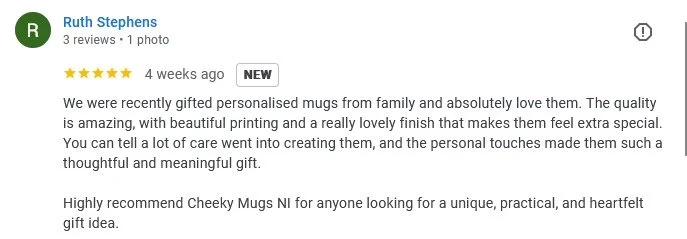 Review of personalized colored mugs, mentioning quality, printing, personal touches, and recommendation by Ruth Stephens.