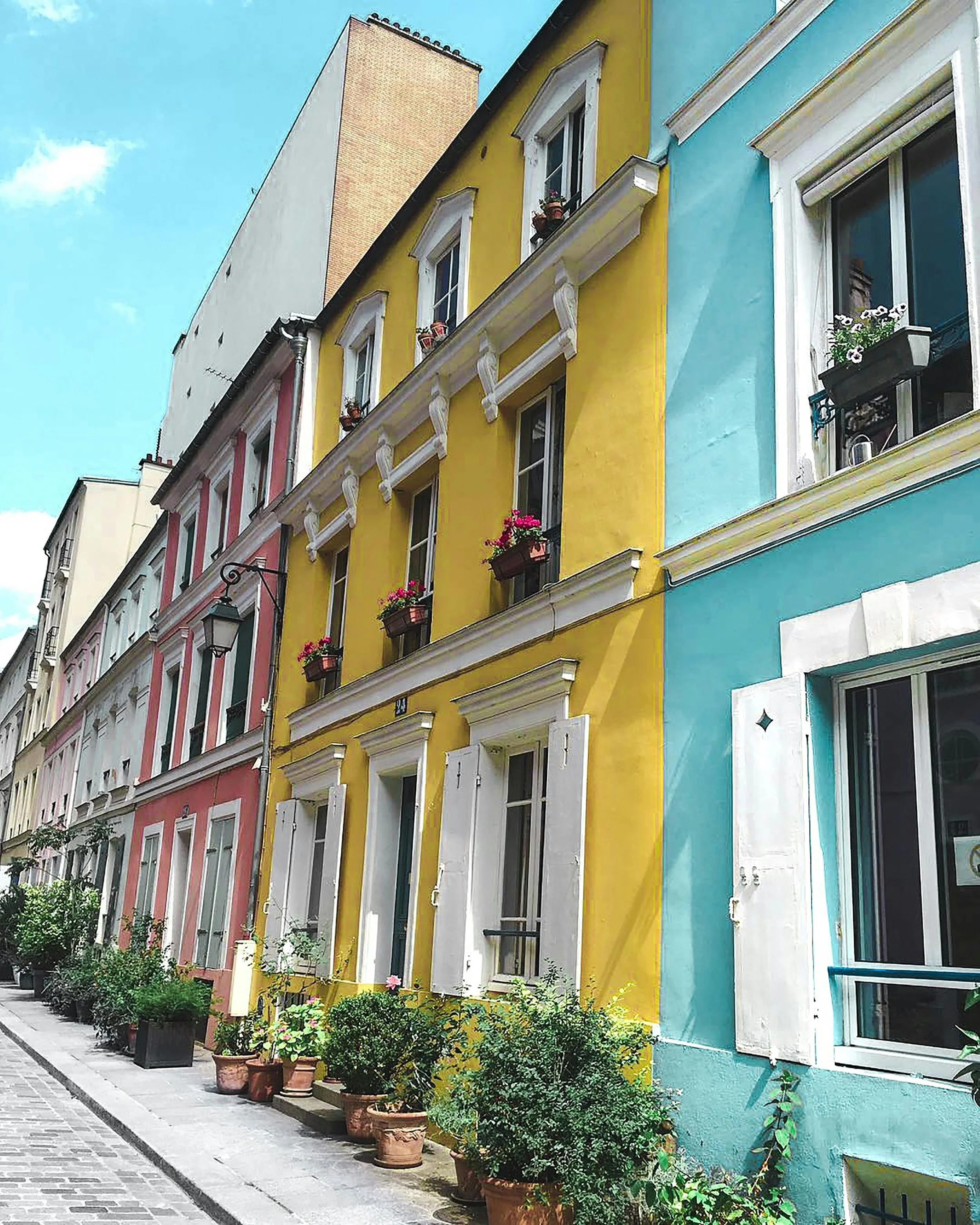 Colorful buildings with potted plants along a sidewalk, featuring yellow, pink, and blue facades with white window frames and flower boxes.