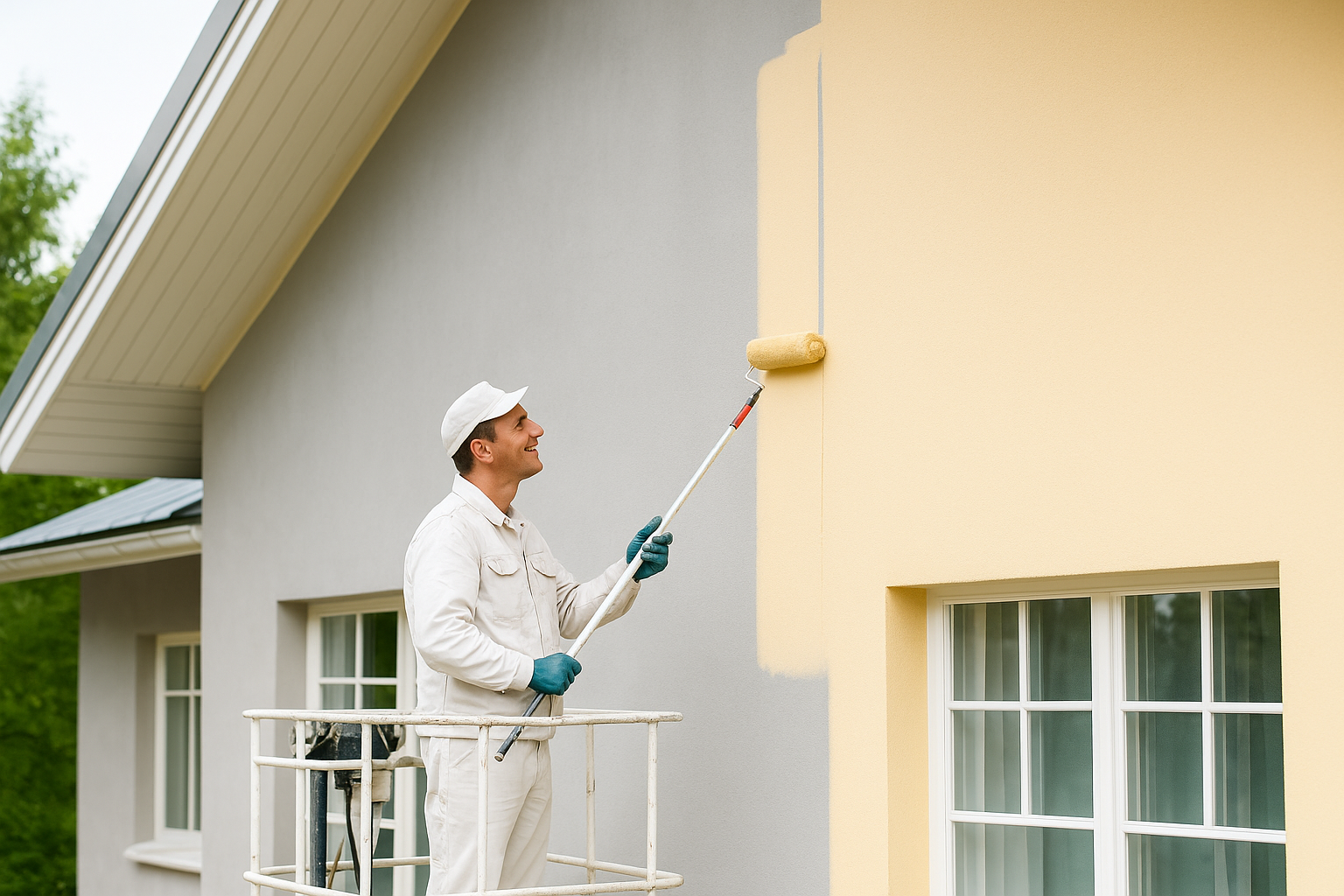A man in white overalls and a cap painting the exterior wall of a house with a roller brush from a lift platform.