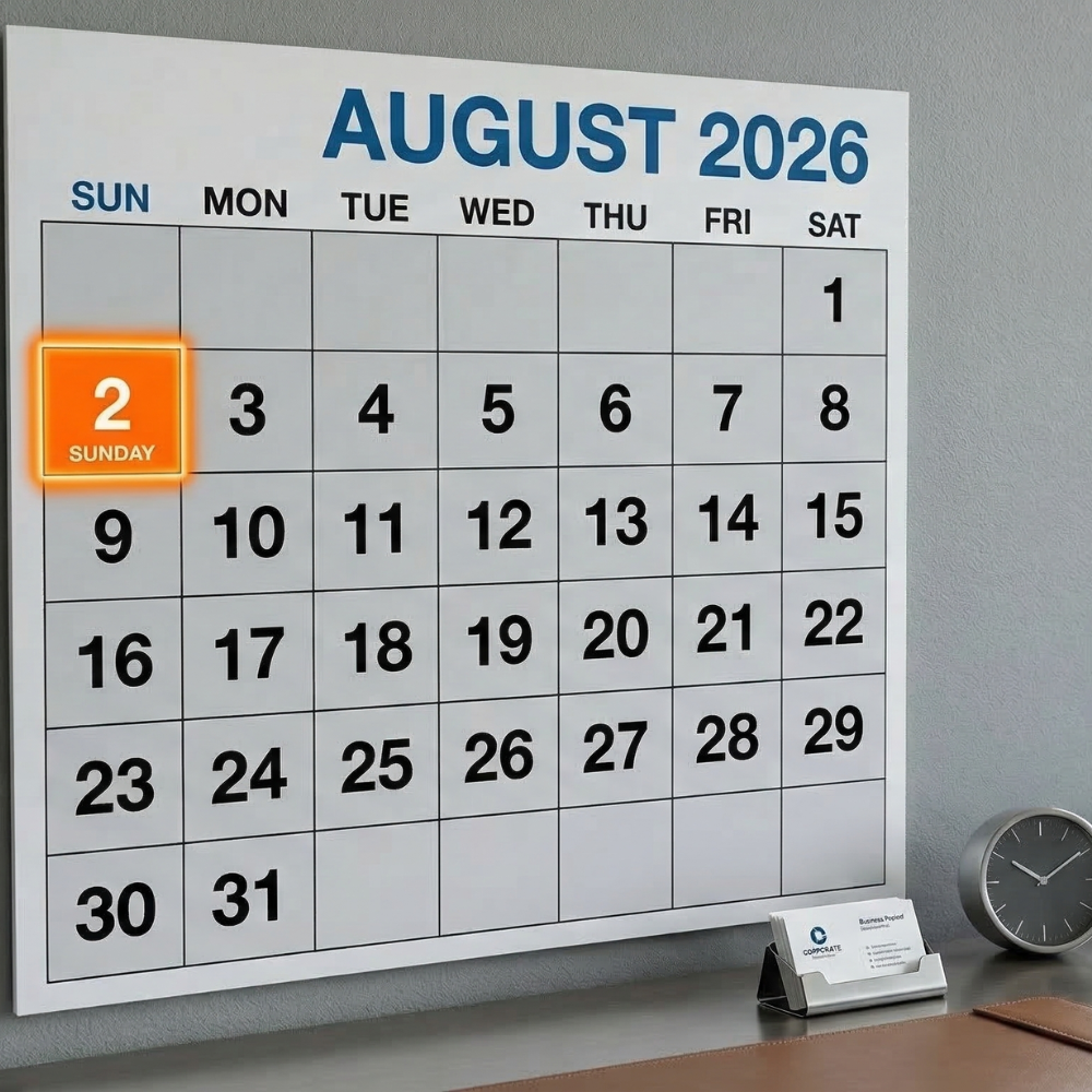 August 2026 calendar on a wall with the 2nd highlighted as Sunday, sitting on a desk with a clock and business cards.