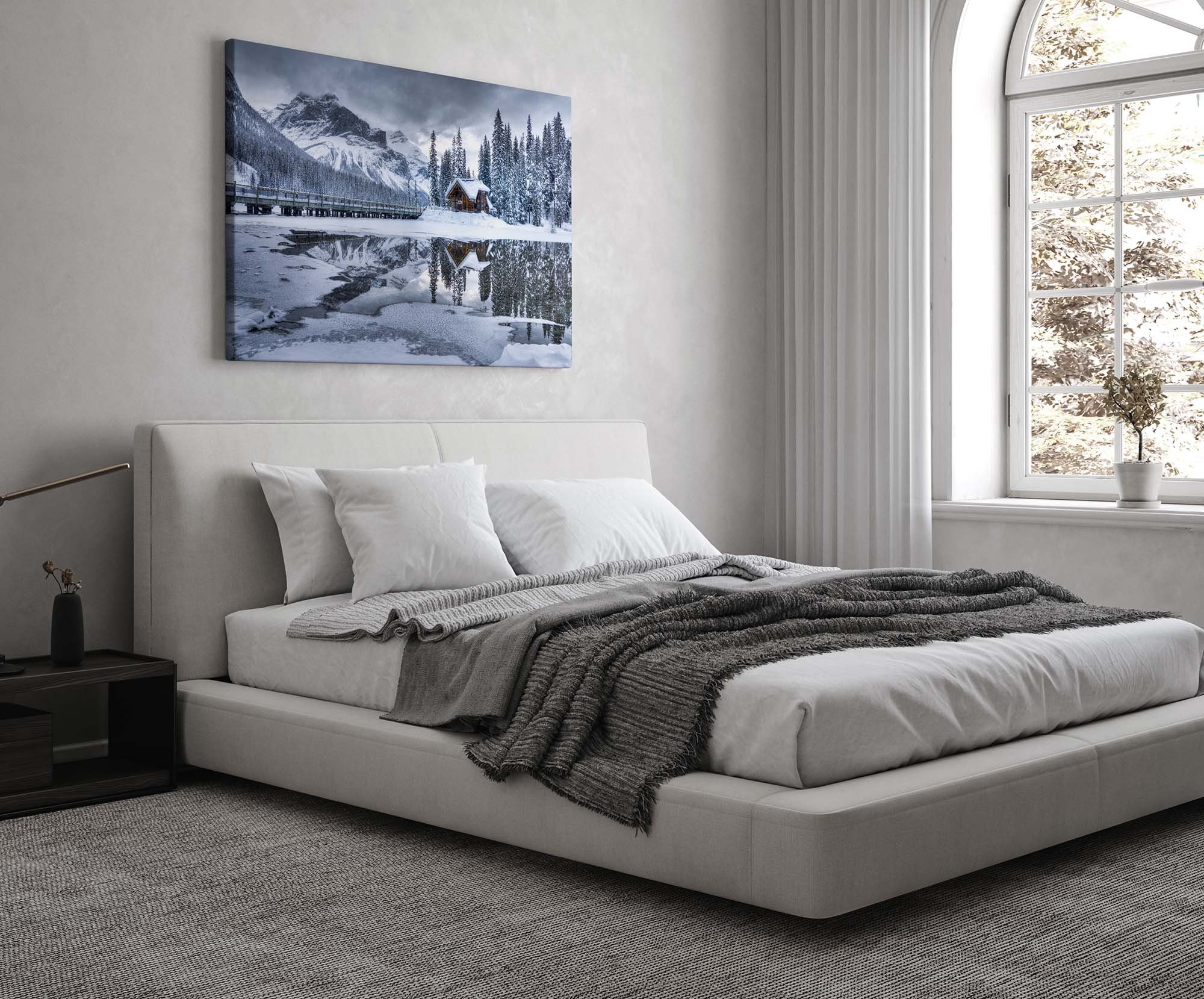 Emerald Lake Lodge Winter canvas on wall in bedroom with light from window.jpg